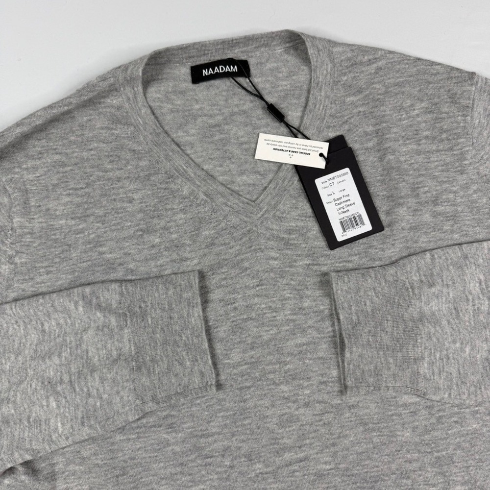 Naadam V-Neck Sweater Mens Large Cement Grey Super Fine 100% Super Fine Cashmere
